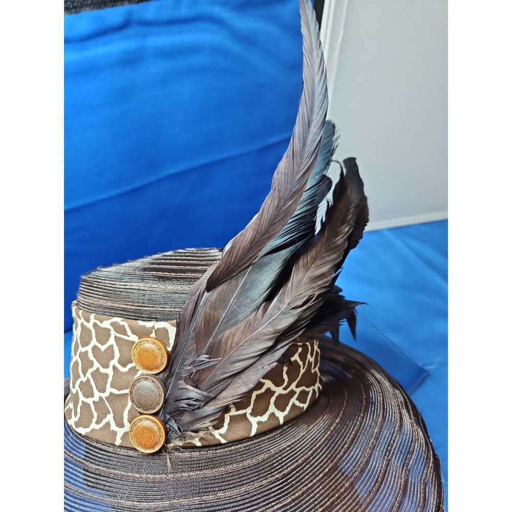 Church Derby Straw Hat Wide Brim Long Feathers Animal Print Whittall & Shon VTG - Picture 2 of 11